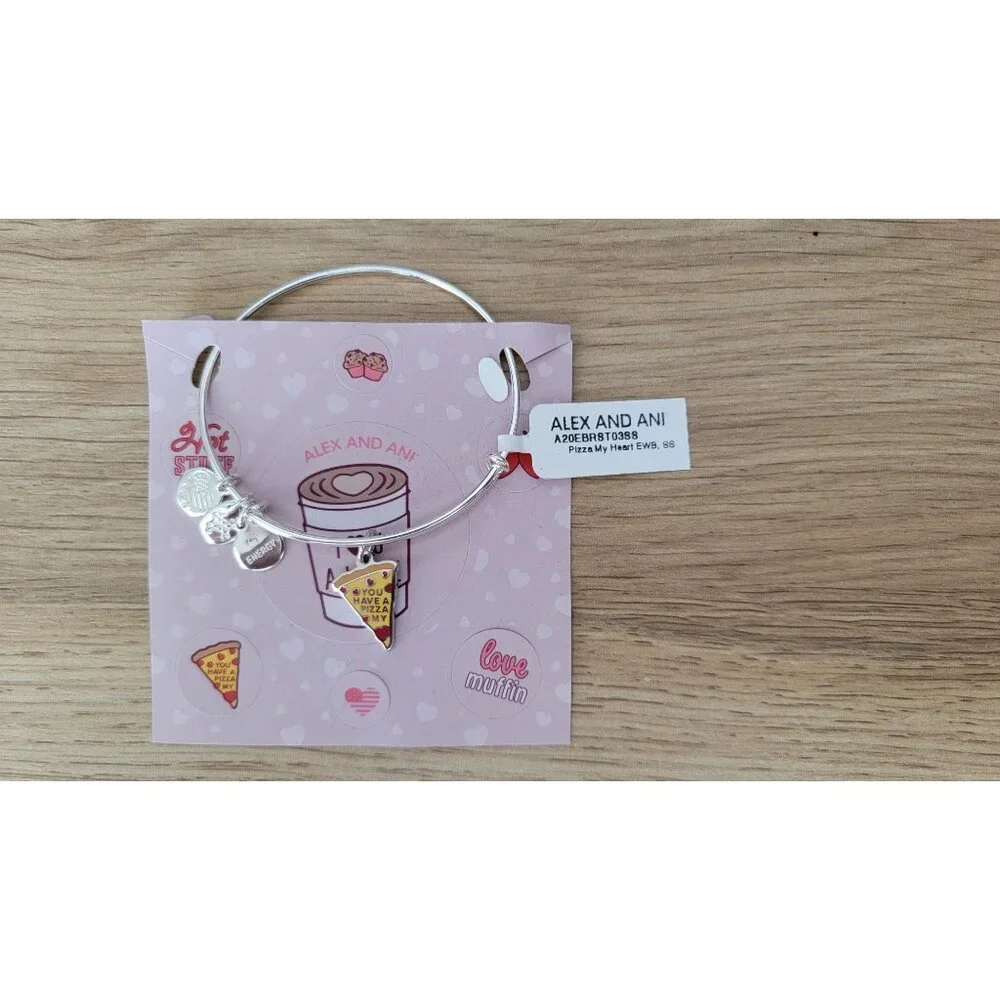 Alex and Ani Pizza My Heart Bangle Bracelet Silver Tone Foodie Collection NWT - Picture 2 of 5
